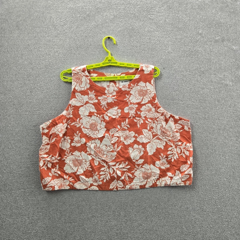 Old Navy Women Tank Top XXL Orange Linen Viscose Floral Button Scoop Neck Crop